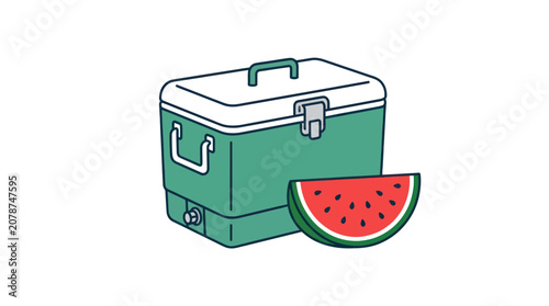 Portable cooler box and watermelon slice for summer picnic