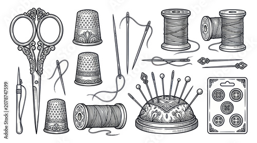 Canvastavla Vintage sewing tools collection with scissors thimble and thread
