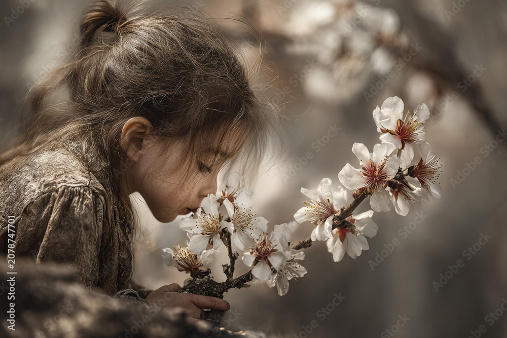 Naklejka premium A gentle, candid moment capturing a young girl with her hair tied up, leaning forward with serene curiosity to closely admire and softly smell a branch of delicate, blooming white flowers