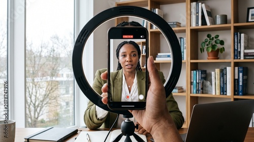 Woman recording video call on phone with ring light in modern office workspace