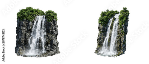 Set of vertical waterfalls cascading over rocky cliff faces isolated on transparent background