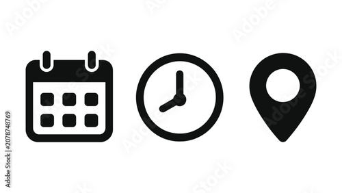Obraz na płótnie Calendar Clock and Location Pin Icons Vector Set for Events and Business