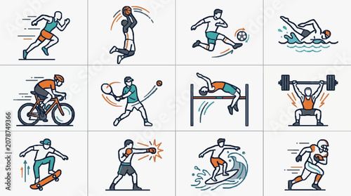 Photography Creative of 12 Dynamic Sports and Fitness Activities with Colorful Line Art with