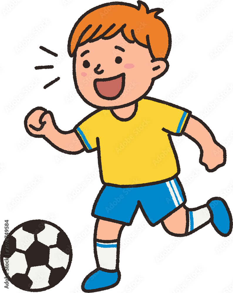 Obraz premium Cute boy soccer player dribbling a football illustration, hand drawn crayon style vector