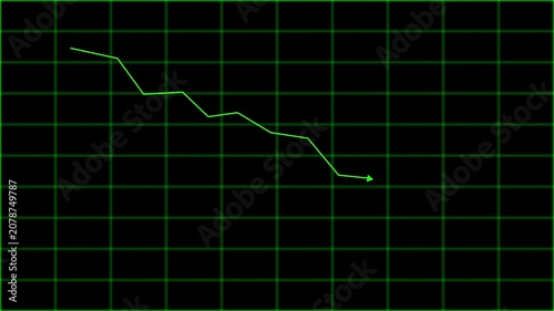 Dynamic animated chart with falling arrow and trend line depicting stock market crash and financial losses. Visual animation of falling stock chart with arrow and trend line graph.
