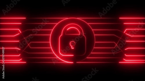 Red Neon Padlock and Circuitry Graphics on Dark Background glow. High-tech glowing green padlock with circuit graphics, showcasing secure systems and cyber protection.