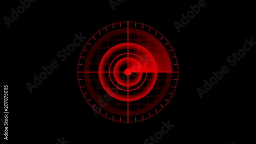 Red animated radar screen technology interface. HUD sci-fi futuristic targeting system. Animated red radar screen. Digital display glowing circles grid lines blips signals.