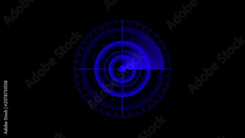 blue animated radar screen technology interface. HUD sci-fi futuristic targeting system. Animated red radar screen. Digital display glowing circles grid lines blips signals.
