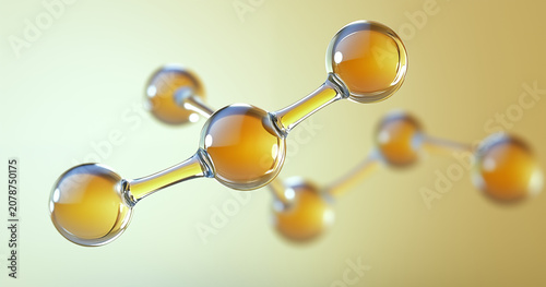 3D molecular structure visualization with translucent glass-like bonds and glowing yellow atoms, floating in soft white and light yellow gradient background, futuristic scientific concept