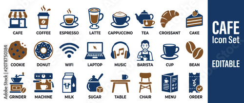 Cafe and coffee shop icons for menus and branding