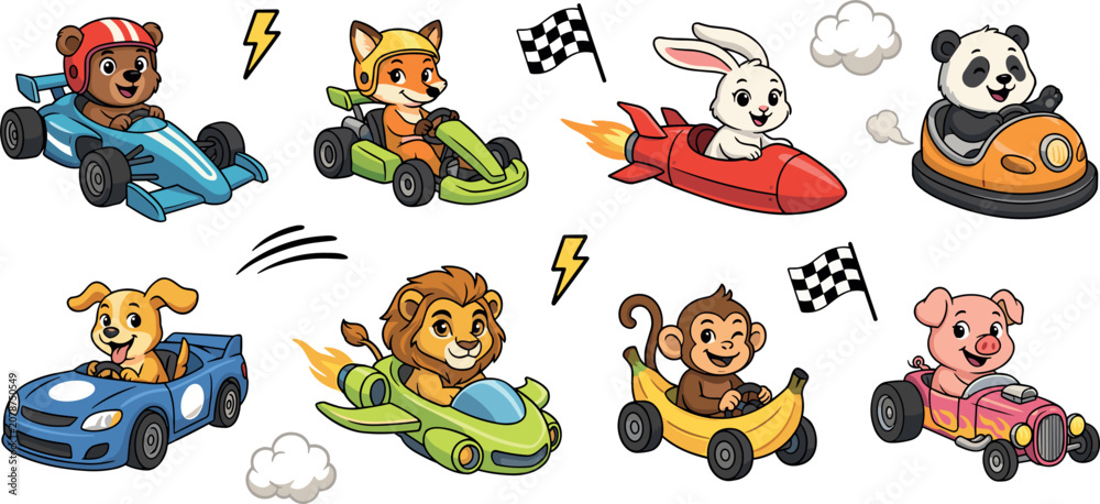 Fototapeta premium Cute Cartoon Animal Racing Characters Set featuring Bear, Fox, Rabbit, Panda, Dog, Lion, Monkey, and Pig in Colorful Vector Vehicles, Race Cars, and Rockets for Kids Design