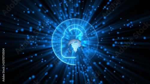 Secure digital lock safeguards international database networks. High tech digital lock protects worldwide cloud computing infrastructure. Cyber security concept utilizing a digital lock.