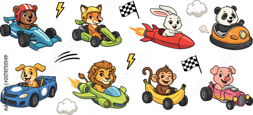 Photography Cute Cartoon Animal Racing Characters Set featuring Bear, Fox, Rabbit, Panda, Do