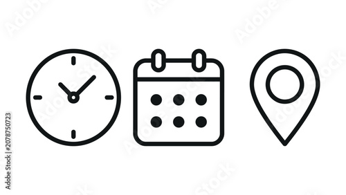 Time, date and address icon. Clock, calendar and location elements for scheduling vector illustration. Useful date and address details for navigation symbol. Clean minimal layout for interface sign.
