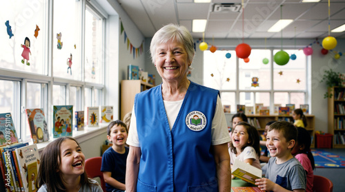 A smiling senior woman librarian in a blue vest stands proudly in a bright elementary school library surrounded by happy children laughing and reading books during a storytelling session.