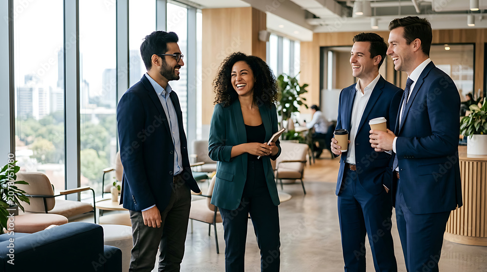 Obraz premium Four business professionals casually conversing in a modern office lobby setting people