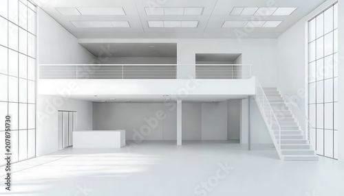 Spacious minimalist interior loft with mezzanine and stairs white empty modern architecture and design.