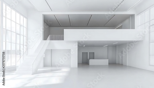 Spacious minimalist interior loft with mezzanine and stairs white empty modern architecture and design.