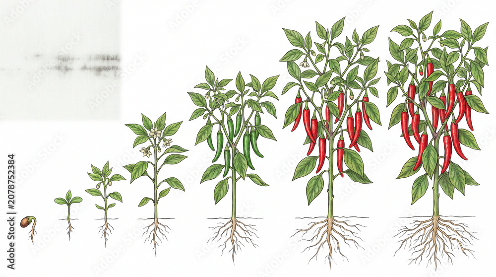 Naklejka premium Chili Pepper Plant Growth Life Cycle Stages.
