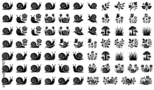 Canvastavla Snail in Flower Garden Silhouette Vector Set with Floral Nature Black Designs