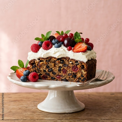 Chocolate cake with fresh berries and mint on white plate.