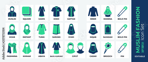 Cuadro en lienzo Islamic modest fashion icons including hijab abaya and apparel