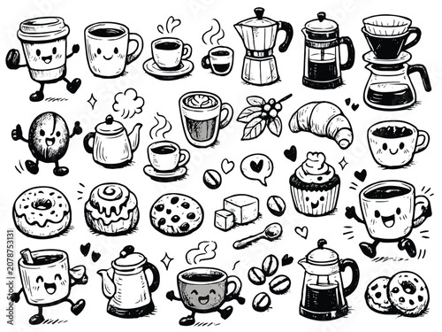 Web Cute Coffee and Pastry Doodle Set – Hand‑Drawn Café Icons on Black Background