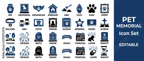 Fotografie Pet memorial and funeral service icon set for mourning animals
