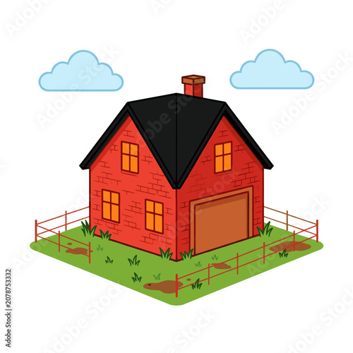 Red Brick House with Garage and Fence in Grassy Yard under Cloudy Sky