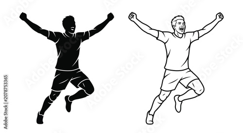 Slika na platnu Jumping athlete in a victorious pose black and white silhouette sportsman player