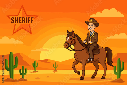 Sheriff Riding Horse Through Desert at Sunset