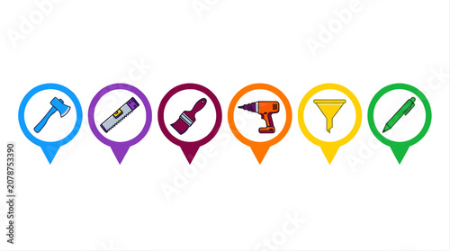 Set of Colorful Tool Icons Arranged in Map Pin Shapes