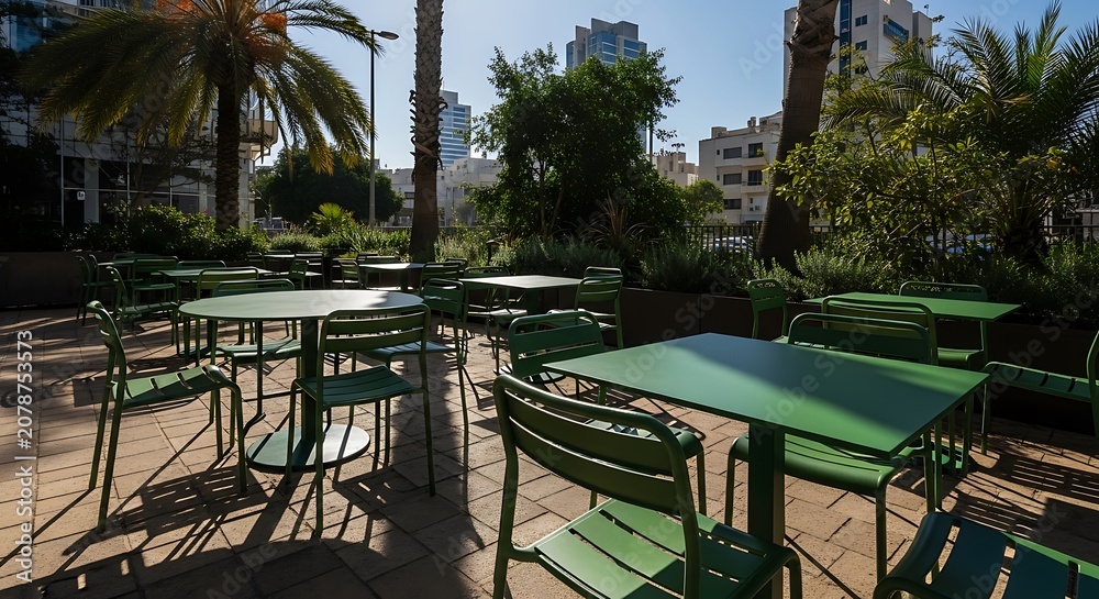 Fototapeta premium Outdoor Patio Seating Area with Tables and Chairs in Sunny Garden.