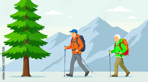 Two Hikers Trekking Through Mountainous Forest Landscape, Cartoon Illustration