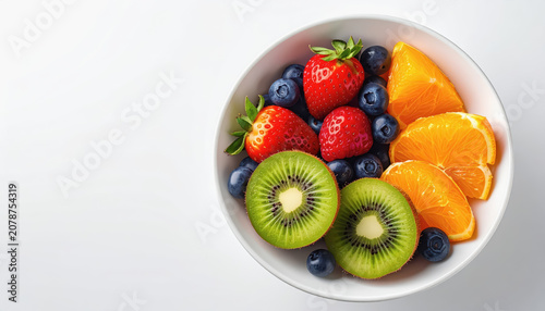 Top View of Fruit Salad in Bowl with Oranges, Blueberries, and Strawberries