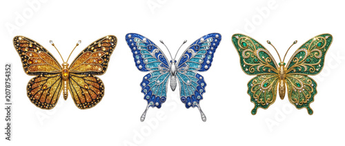 Three butterflies are presented in a line on a plain background. They feature unique patterns and bright colors, showcasing craft and design work. Each has a different color scheme