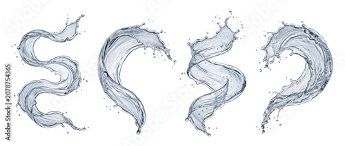 Water forms various shapes and movements in a series of clear splashes. Each splash shows a unique design, highlighting the fluid nature of water