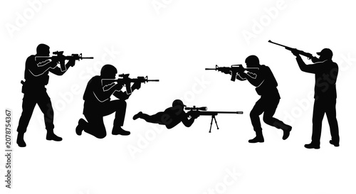 Photos Soldiers With Rifles In Shooting Positions Black Silhouette riflemen gunmen comb