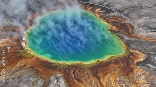 Aerial view of the geothermal hot spring scenery of the Grand Prismatic in Yellowstone National Park, USA