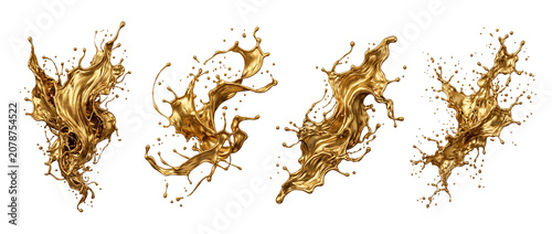 Droplets and splashes of gold liquid are shown in different forms against a clear background. The image captures the motion and dynamic shapes created by the liquid