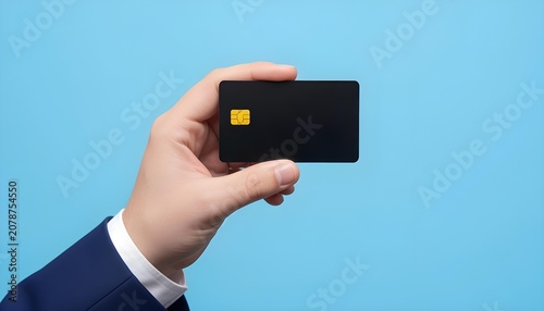 Person in suit holding a blank black credit card with chip against blue background