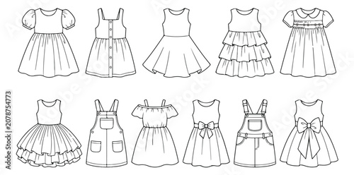 Quadro su tela Children's Dress Fashion Flat Sketches, a collection of 10 diverse kids' apparel technical drawings, perfect for clothing design and pattern making, vector illustration set