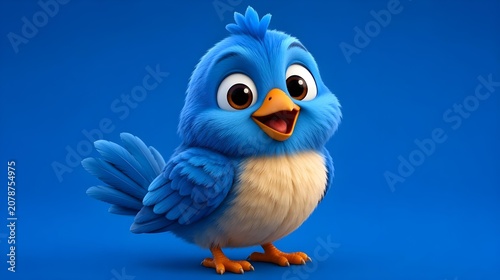 Adorable fluffy blue cartoon bird with a cream belly and big eyes on blue background