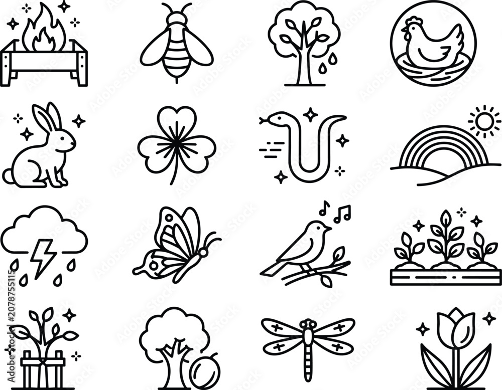 Fototapeta premium Nature wildlife and farming line icon set featuring animals insects plants trees weather and outdoor elements,