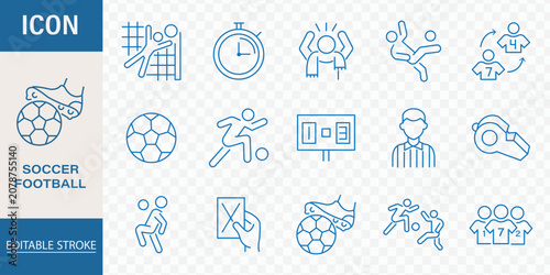 Photos Soccer and football championship thin line icon set containing stadium ball whistle jersey field and scoreboard symbols