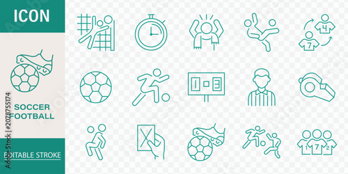 Tableau sur toile Soccer and football championship thin line icon set containing stadium ball whistle jersey field and scoreboard symbols