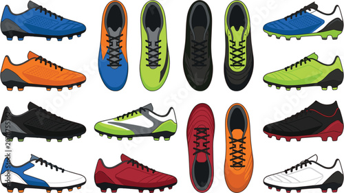 Colorful Soccer Cleats and Football Boots Vector Icon Set Showing Top and Side Views for Sports Store Branding and Apparel Graphic Designs