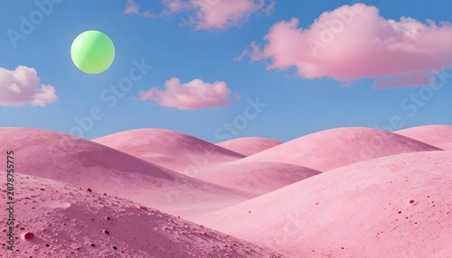 Surreal pink desert landscape with a glowing green orb floating in the sky