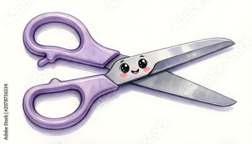 Cute anthropomorphic scissors with a happy face and purple handles