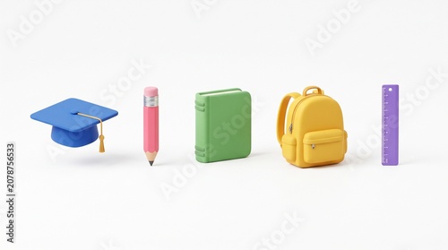 School supplies icons featuring a graduation cap pencil book backpack and ruler arranged in a row isolated on a clean white background for education design